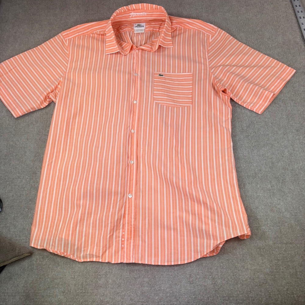 Lacoste Mens Regular Fit Short Sleeve Striped Button Down Shirt Orange White 42